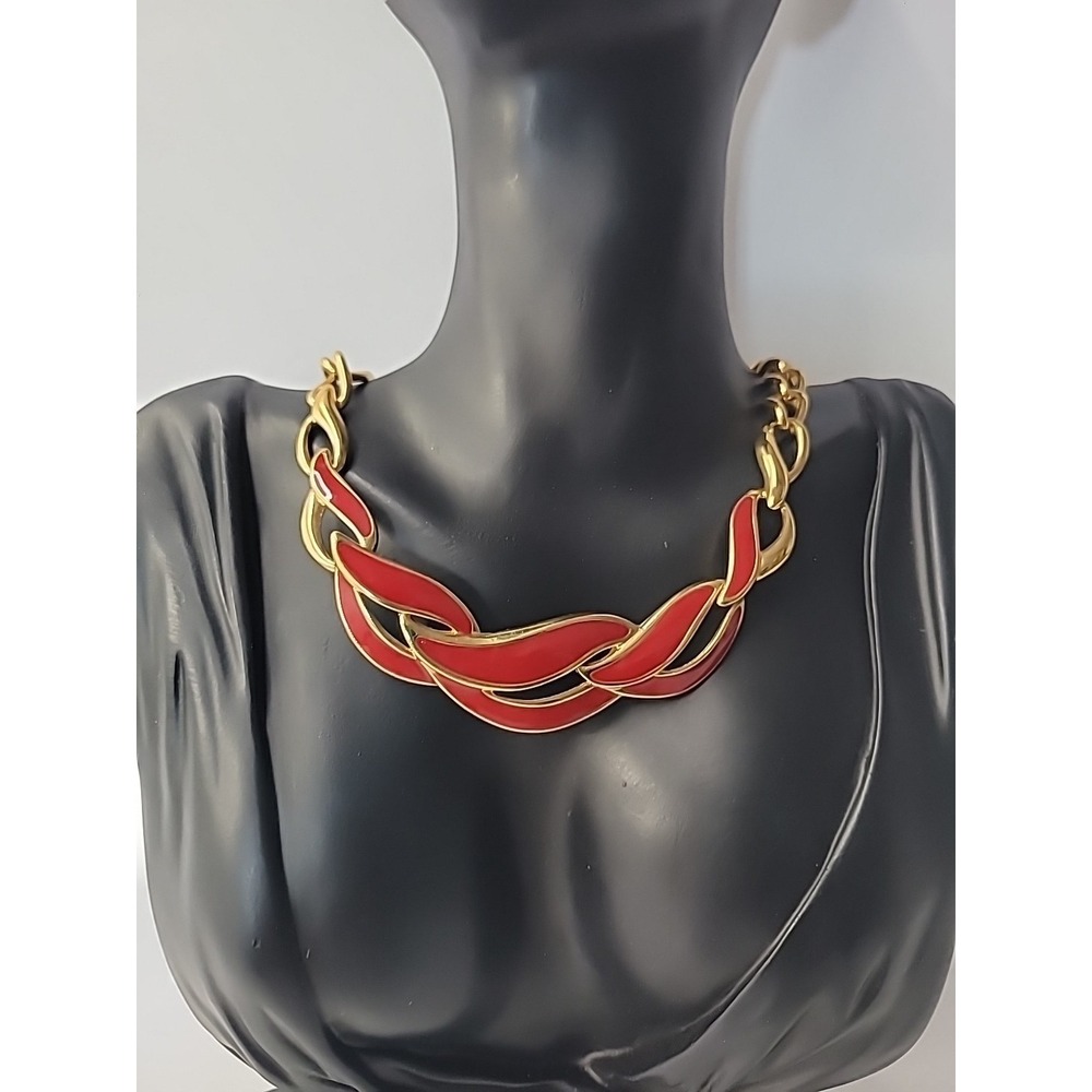 Vintage Napier Gold Tone Red Enamel Chunky Link Statement Necklace Jewelry - Picture 3 of 15